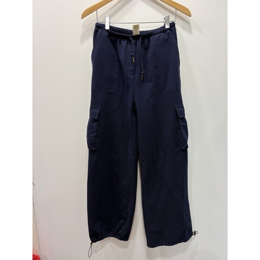 Open Edit XS Navy Cargo Sweatpants Wide Leg Drawstring Cinch Hem Utility Joggers